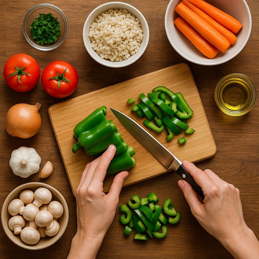 Hands preparing fresh ingredients on a kitchen counter